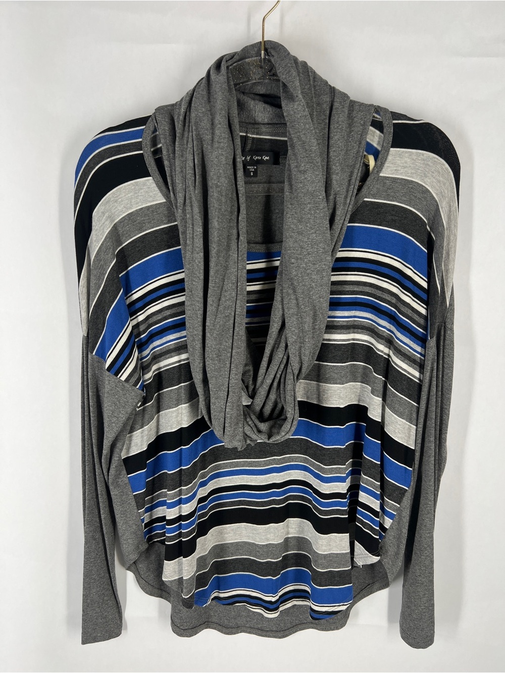 Karen by Karen Kane Women’s Small Striped Cowl Neck Tunic Top‎ Gray Blue